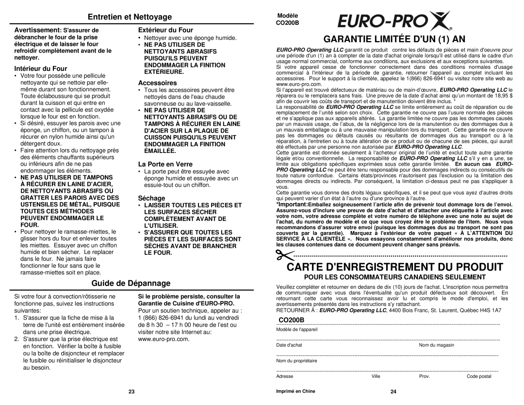 Bravetti CO200B Carte Denregistrement Du Produit, GARANTIE LIMITÉE DUN 1 AN, Entretien et Nettoyage, Guide de Dépannage 