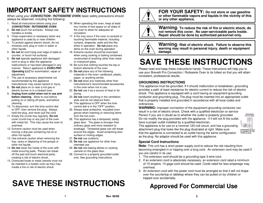 Bravetti CO200B owner manual Important Safety Instructions, Approved For Commercial Use, Save These Instructions 