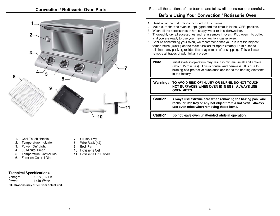 Bravetti CO200B owner manual Convection / Rotisserie Oven Parts, Before Using Your Convection / Rotisserie Oven 