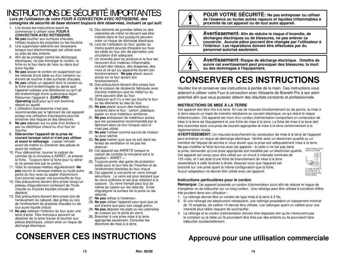 Bravetti CO200B owner manual Instructions De Sécurité Importantes, Conserver Ces Instructions 