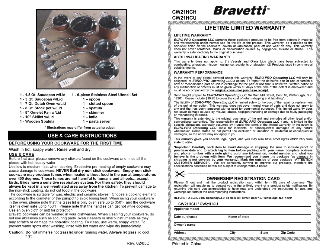 Bravetti Wash in hot, soapy water. Rinse well and dry, Rev. 02/05C, Lifetime Limited Warranty, CW21HCH CW21HCU 