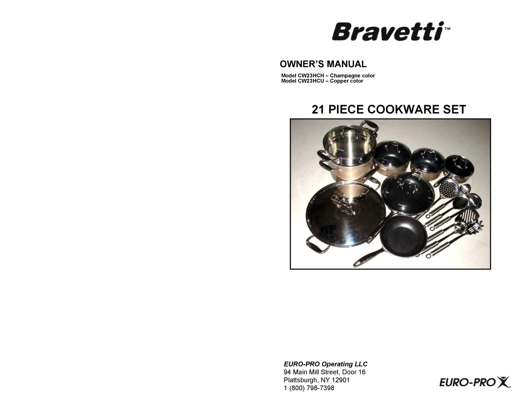 Bravetti CW23HCH, CW23HCU owner manual Piece Cookware Set 