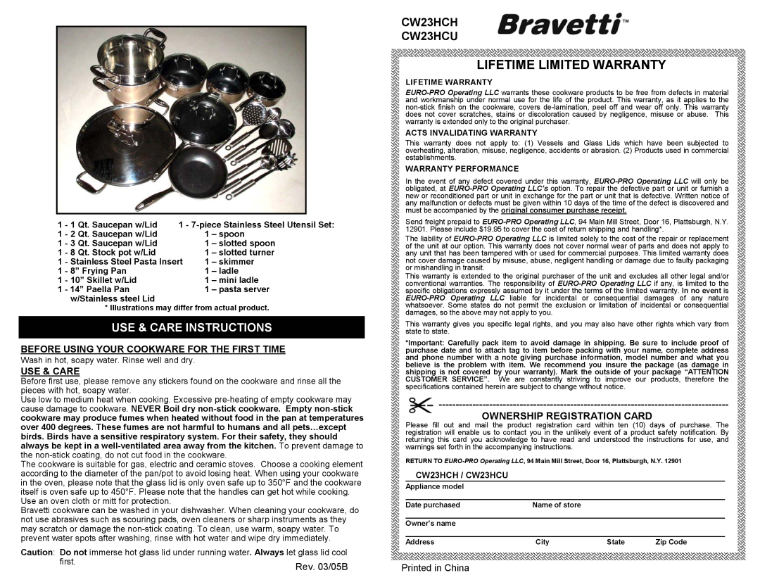 Bravetti owner manual Lifetime Limited Warranty, Use & Care Instructions, CW23HCH CW23HCU, Ownership Registration Card 
