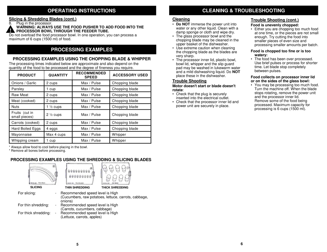 Bravetti EP108H owner manual Operating Instructions Cleaning & Troubleshooting, Processing Examples, Trouble Shooting 