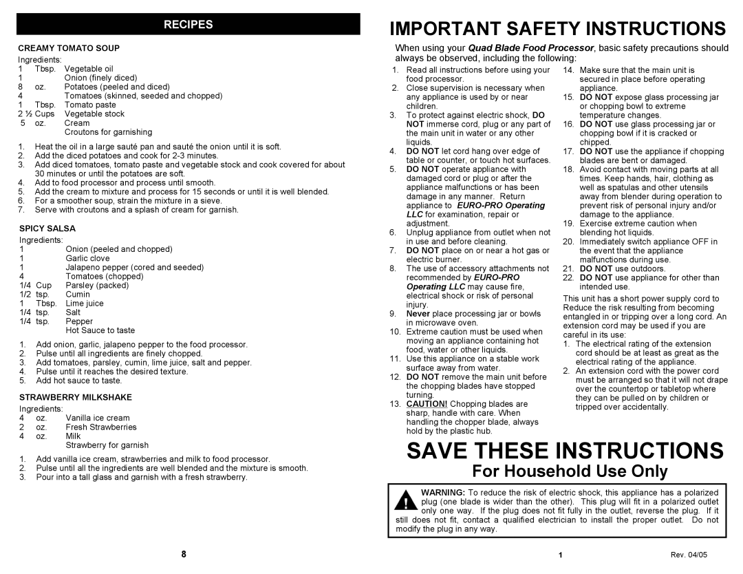Bravetti EP109HA owner manual Important Safety Instructions, Recipes, Save These Instructions, For Household Use Only 