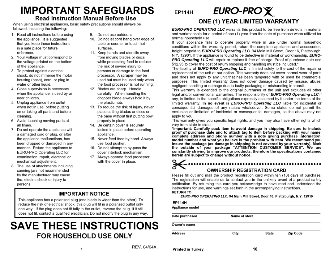 Bravetti EP114H owner manual Important Safeguards, REV /04A 