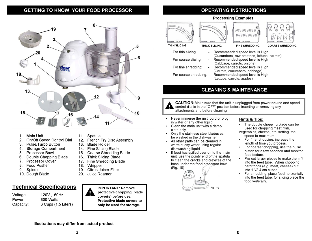 Bravetti EP114H Technical Specifications, Getting To Know Your Food Processor, Operating Instructions, Processing Examples 