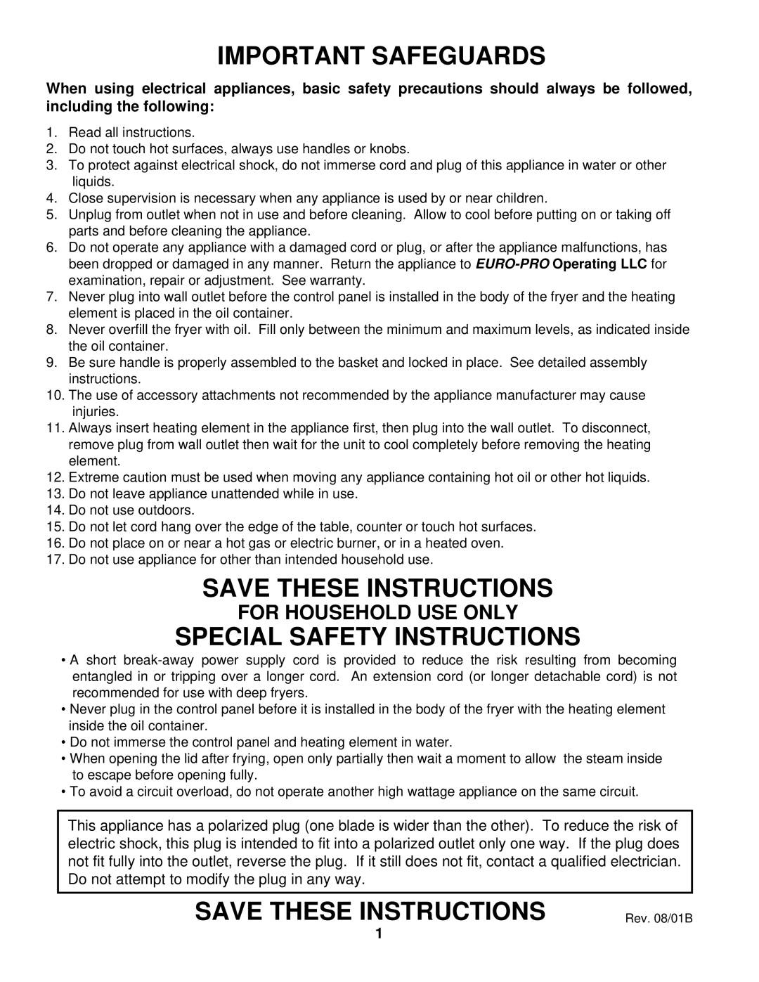 Bravetti EP165 manual For Household Use Only, Important Safeguards, Save These Instructions, Special Safety Instructions 
