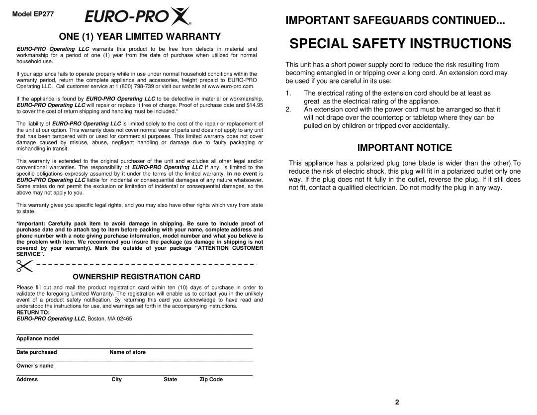 Bravetti manual Ownership Registration Card, Model EP277 