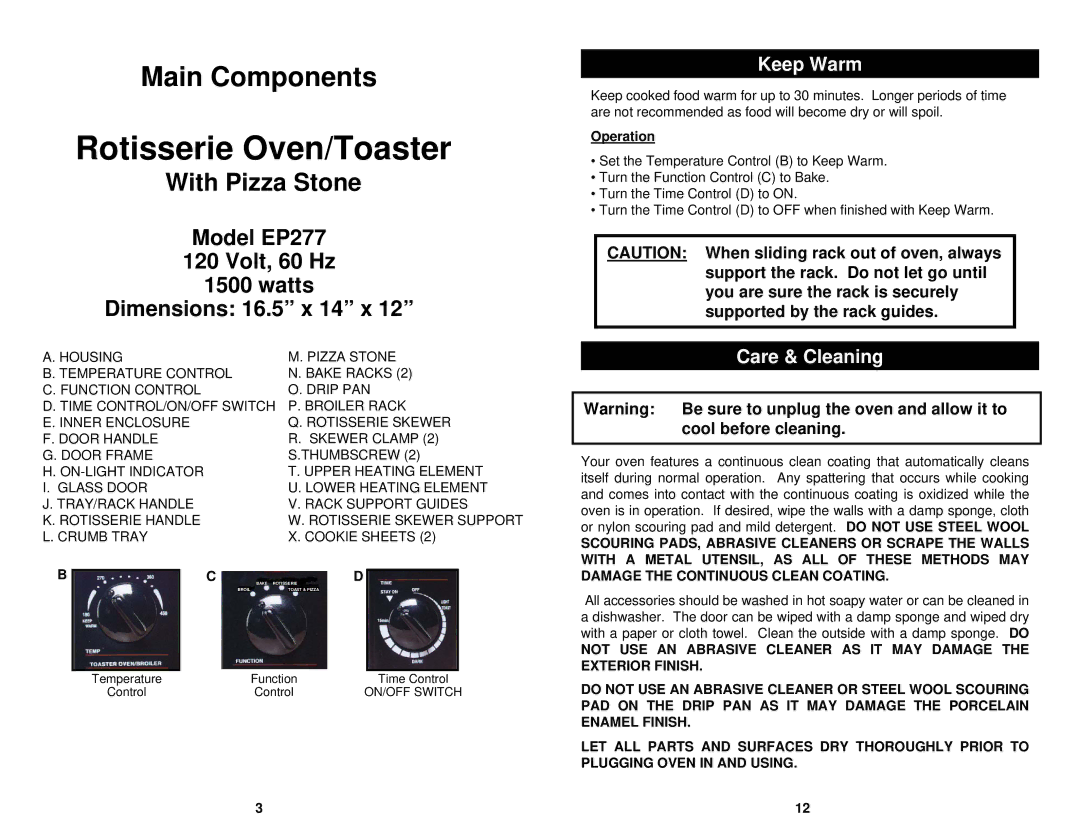 Bravetti EP277 manual Rotisserie Oven/Toaster, Keep Warm, Care & Cleaning, Operation 