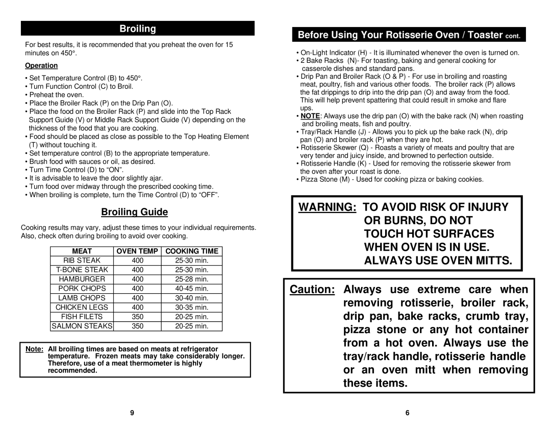 Bravetti EP277 manual Broiling Guide 