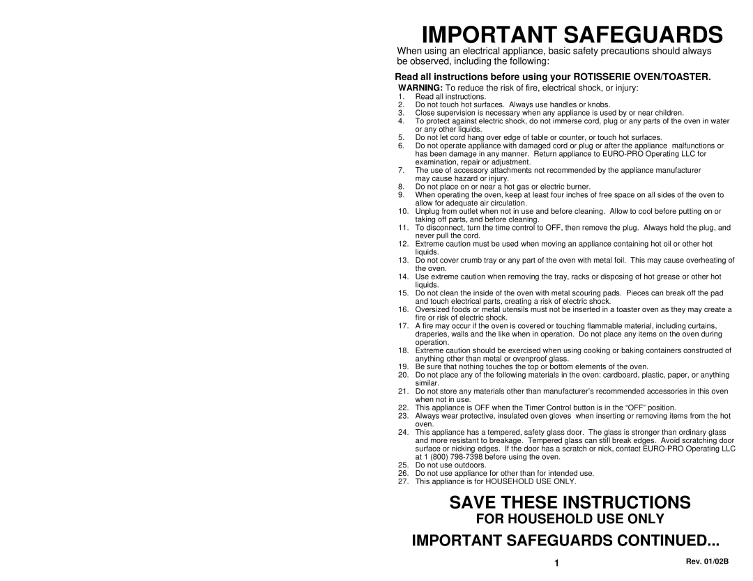 Bravetti EP277 manual Important Safeguards, Save These Instructions, For Household Use Only, Rev. 01/02B 
