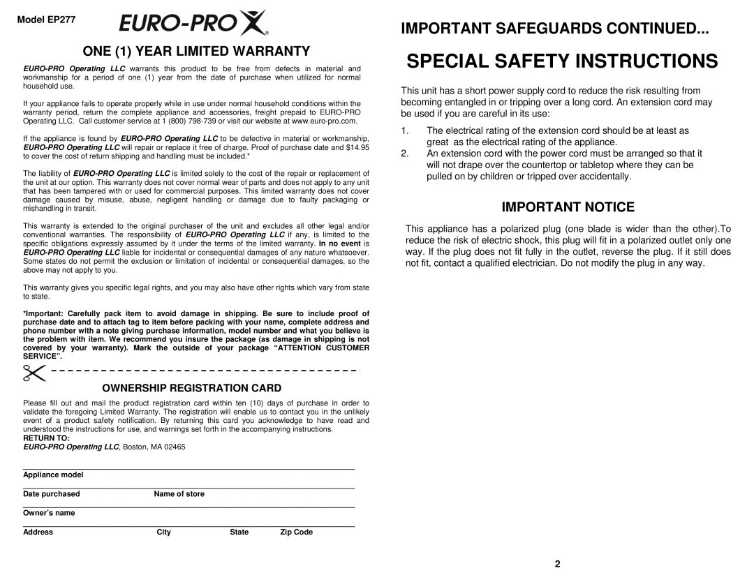 Bravetti EP277 Special Safety Instructions, ONE 1 YEAR LIMITED WARRANTY, Important Notice, Ownership Registration Card 