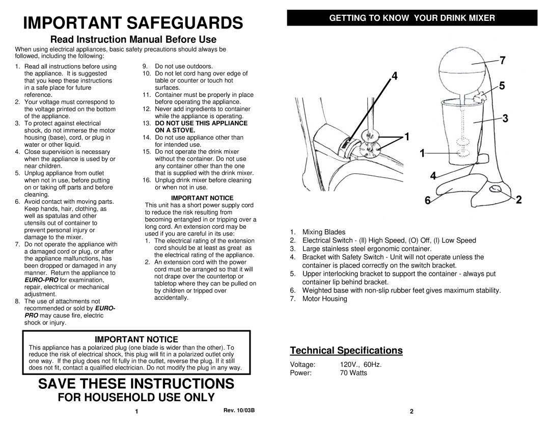 Bravetti EP542 manual Important Safeguards, Getting to Know Your Drink Mixer 