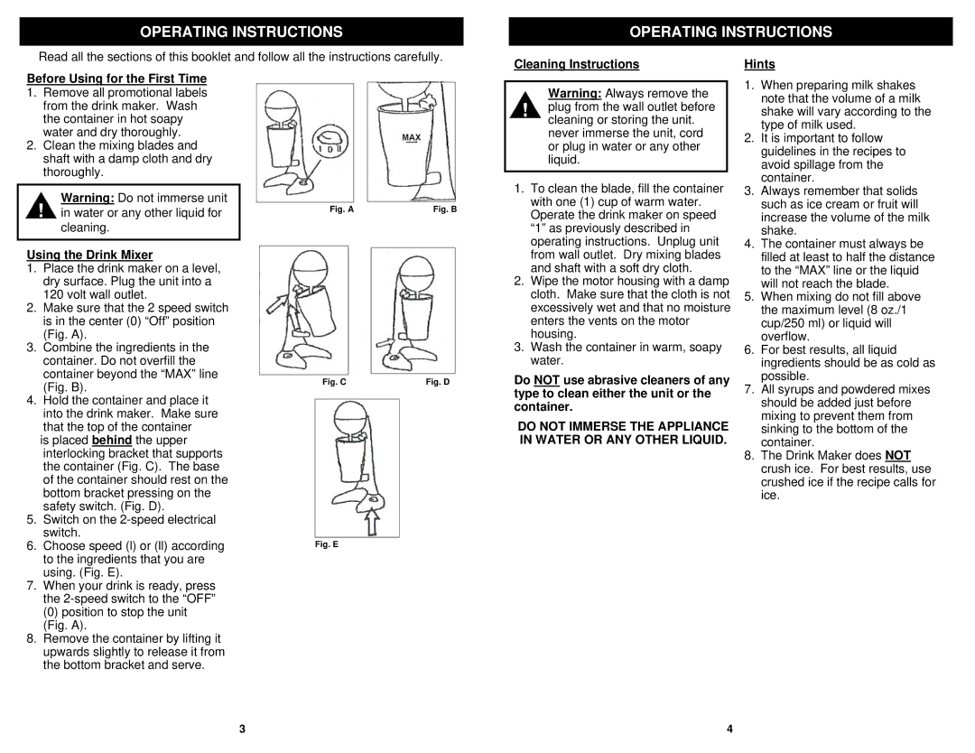 Bravetti EP542 manual Operating Instructions, Cleaning Instructions Hints Before Using for the First Time 