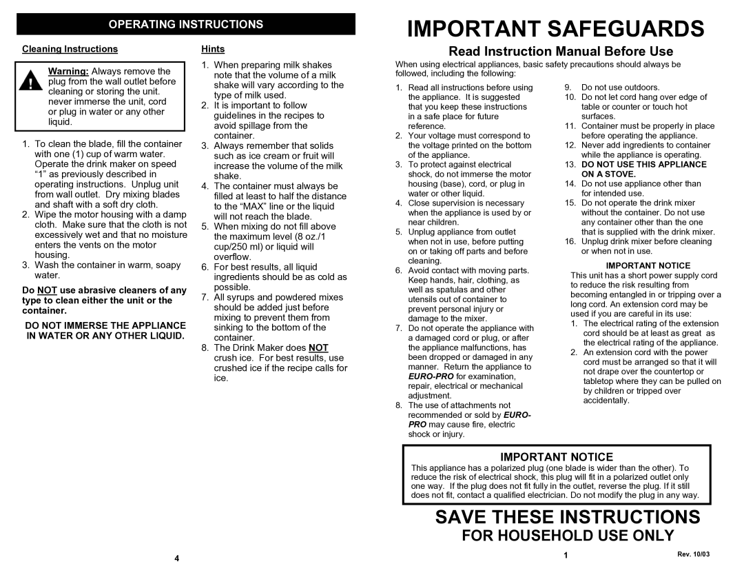 Bravetti EP542 manual Important Safeguards, Cleaning Instructions Hints 