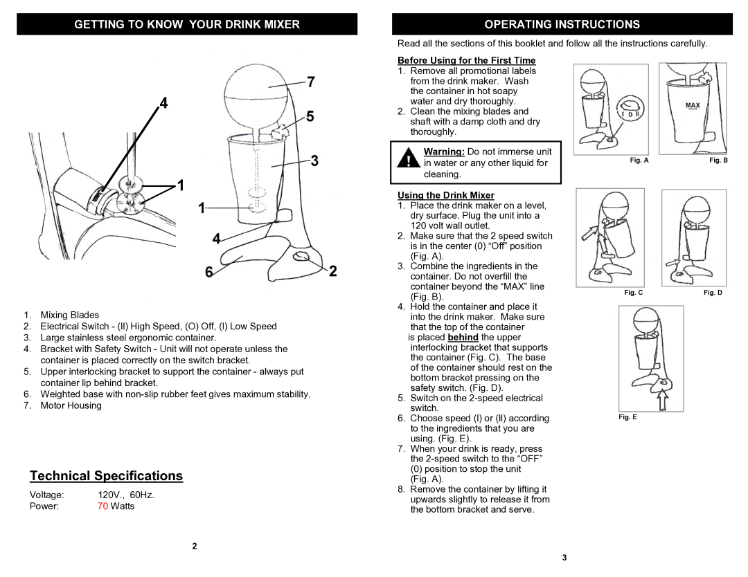 Bravetti EP542 manual Before Using for the First Time, Using the Drink Mixer 