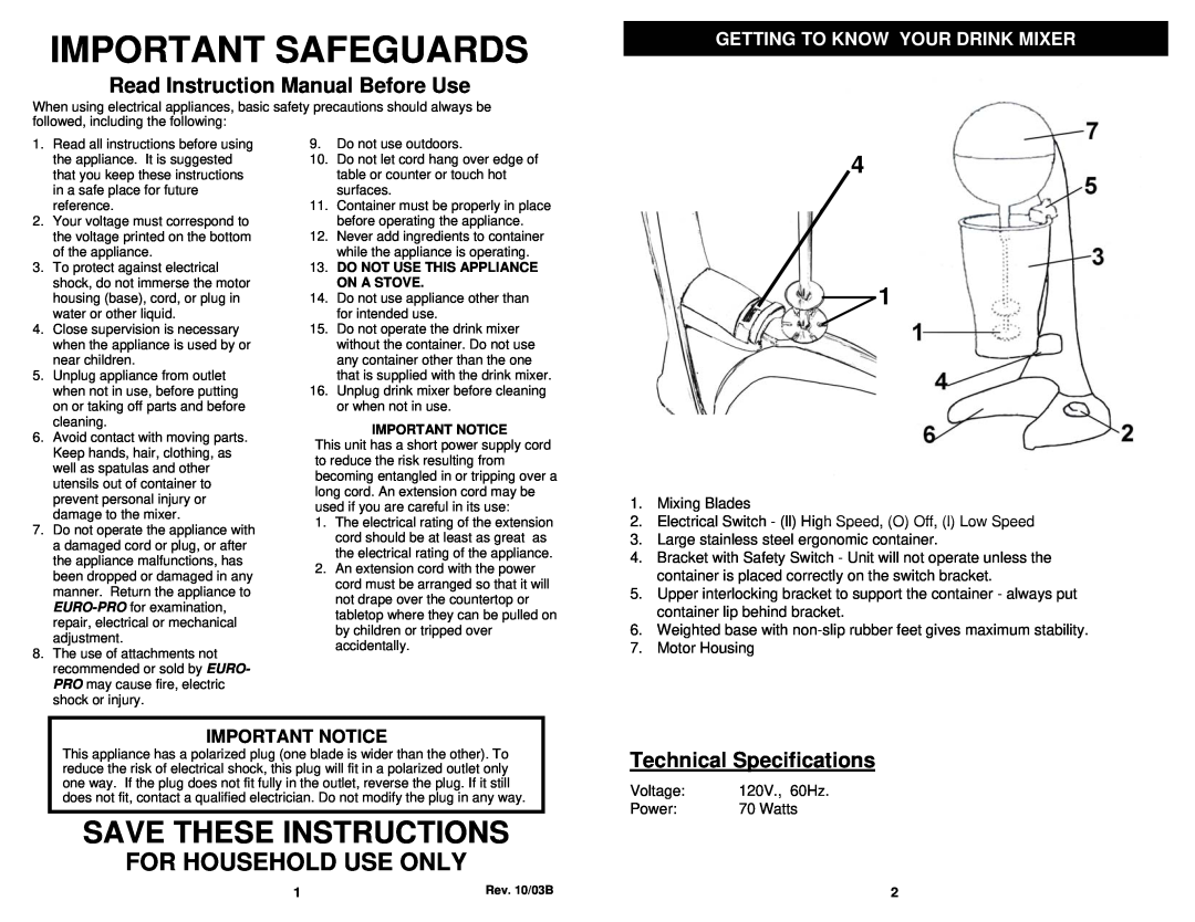 Bravetti EP542 Save These Instructions, For Household Use Only, Getting To Know Your Drink Mixer, Important Safeguards 