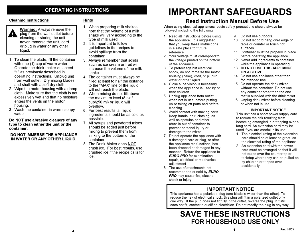 Bravetti EP542 manual Save These Instructions, For Household Use Only, Operating Instructions, Important Notice, Hints 