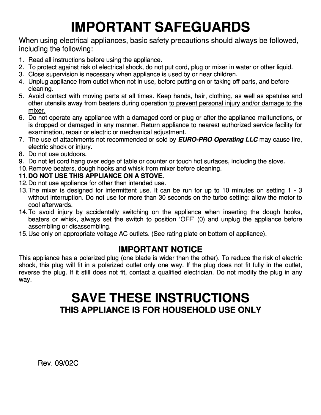 Bravetti EP545 manual Important Safeguards, Important Notice, This Appliance Is For Household Use Only, Rev. 09/02C 