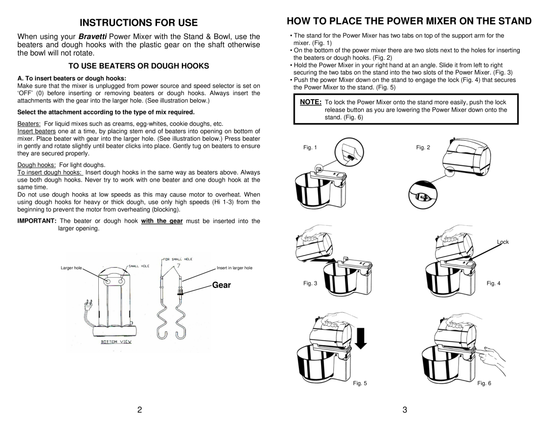 Bravetti EP545XX Instructions For Use, How To Place The Power Mixer On The Stand, Gear, To Use Beaters Or Dough Hooks 