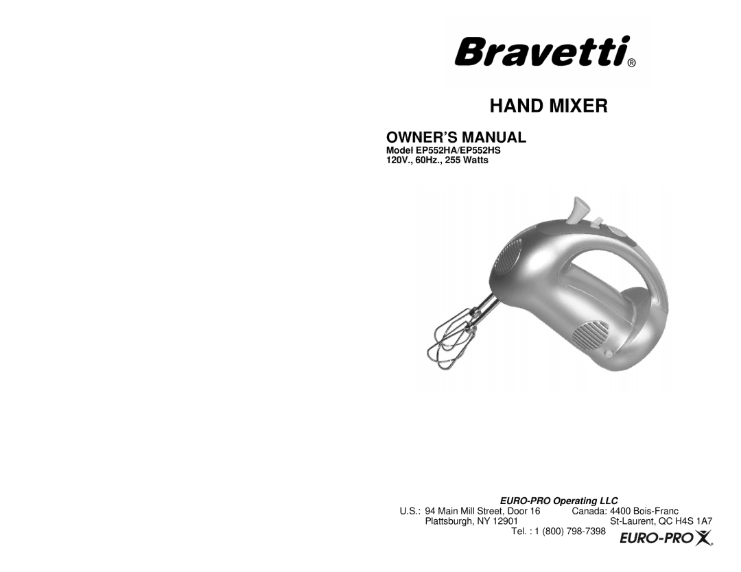 Bravetti EP552HS, EP552HA owner manual Hand Mixer, EURO-PRO Operating LLC 