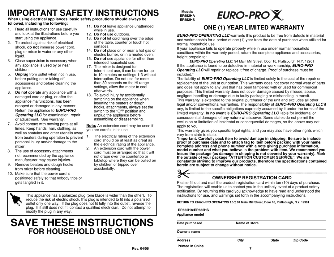 Bravetti EP552HA, EP552HS owner manual Important Safety Instructions, For Household USE only 