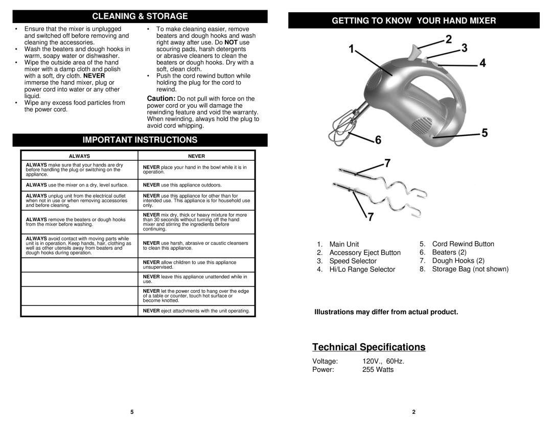 Bravetti EP552HS, EP552HA owner manual Cleaning & Storage Getting to Know Your Hand Mixer, Important Instructions 