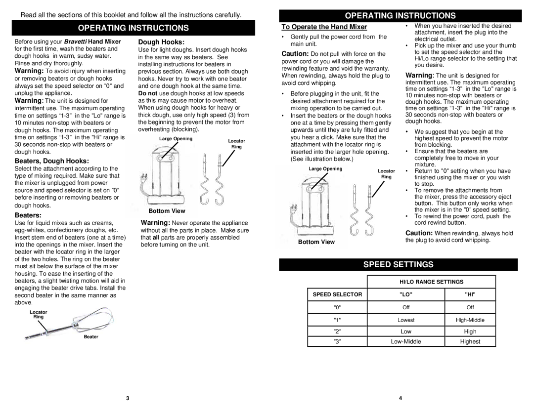 Bravetti EP552HA, EP552HS owner manual Operating Instructions, Speed Settings 