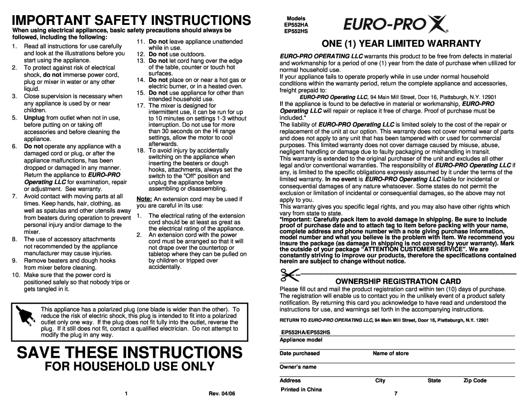 Bravetti EP552HA, EP552HS owner manual Important Safety Instructions, ONE 1 YEAR LIMITED WARRANTY, Save These Instructions 