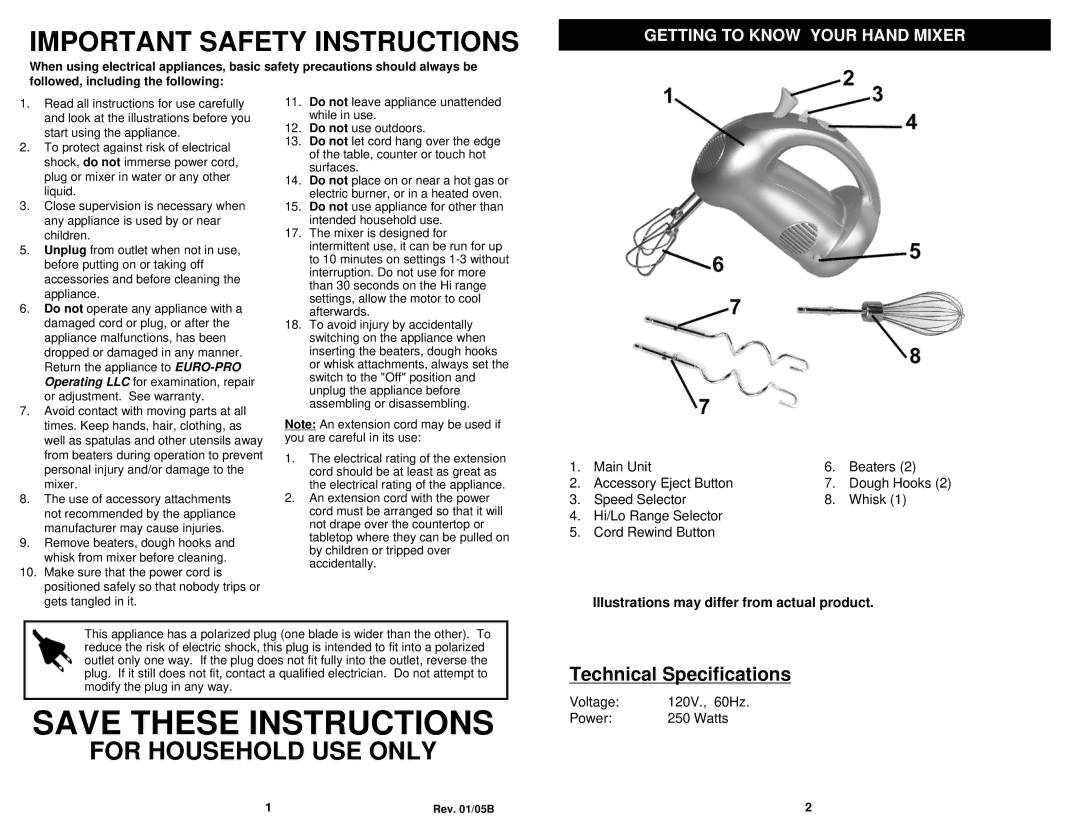 Bravetti EP552HR, EP552HW, EP552HL, EP552HB owner manual Important Safety Instructions, Getting to Know Your Hand Mixer 