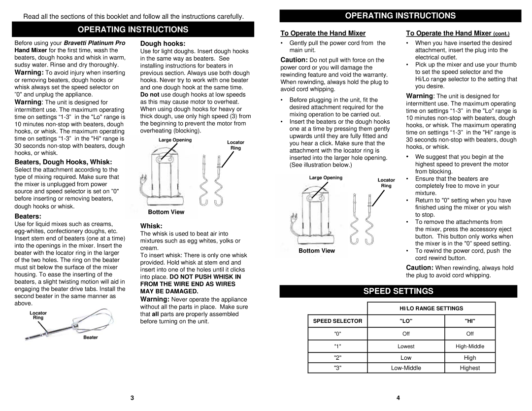 Bravetti EP552HB, EP552HW, EP552HL, EP552HR owner manual Operating Instructions, Speed Settings 