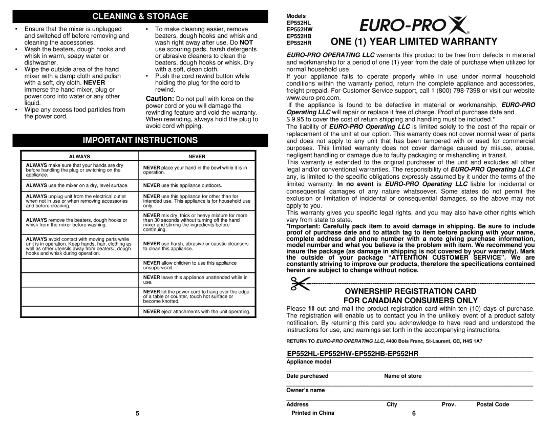 Bravetti EP552HW, EP552HL, EP552HR, EP552HB owner manual Cleaning & Storage, Important Instructions 