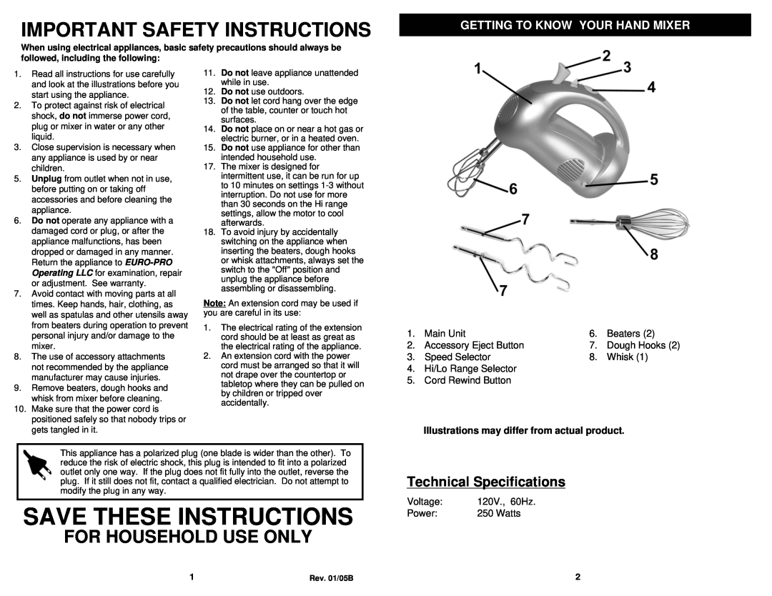 Bravetti EP552HR, EP552HW, EP552HL Important Safety Instructions, Technical Specifications, Getting To Know Your Hand Mixer 