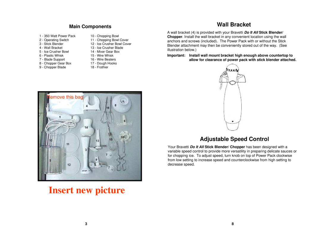 Bravetti EP558 manual Wall Bracket, Adjustable Speed Control, Main Components 