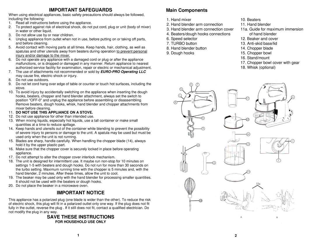 Bravetti EP559 manual Important Safeguards, Important Notice, Main Components 