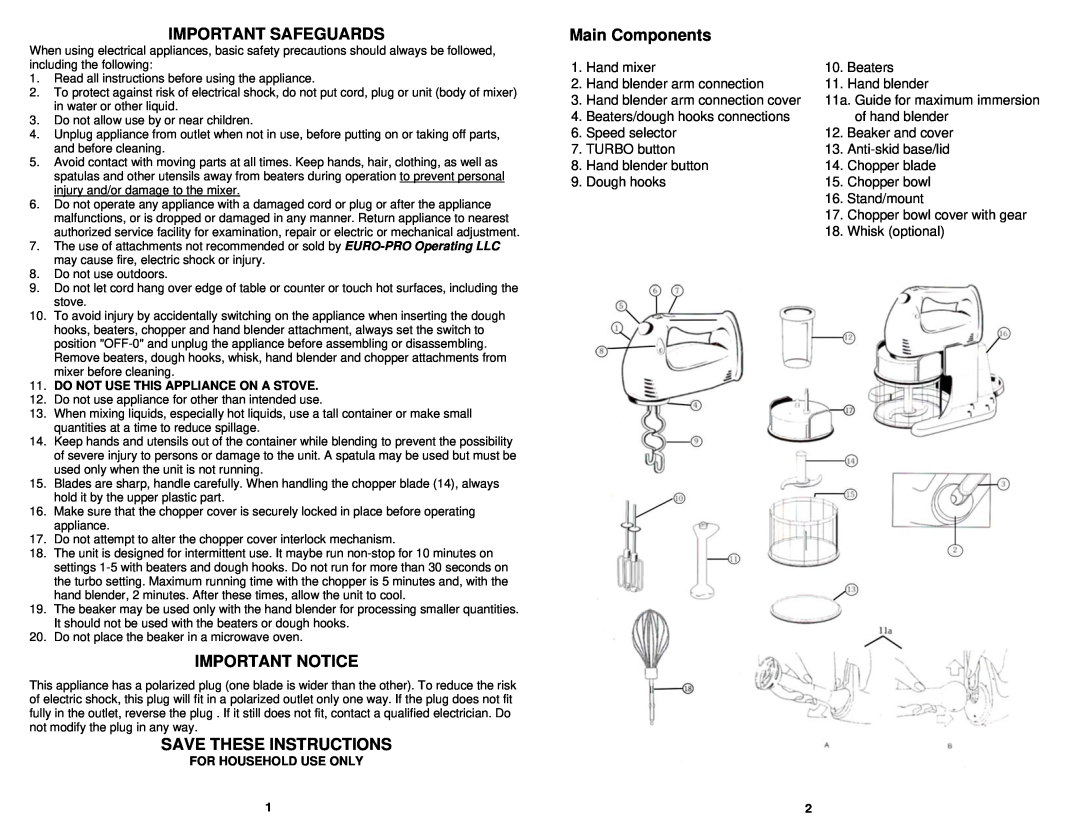 Bravetti EP559 manual Important Safeguards, Important Notice, Save These Instructions, Main Components 