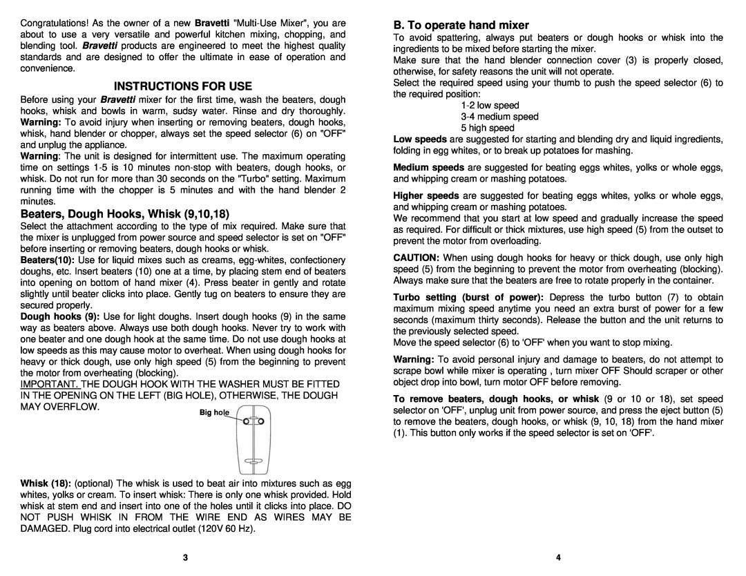 Bravetti EP559 manual Instructions For Use, Beaters, Dough Hooks, Whisk 9,10,18, B. To operate hand mixer 
