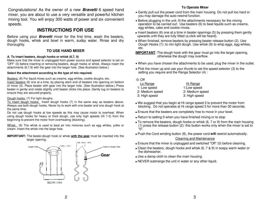 Bravetti EP565SI-NS, EP565CH-NS manual Instructions For Use, Gear, To Use Hand Mixer, To Operate Mixer 