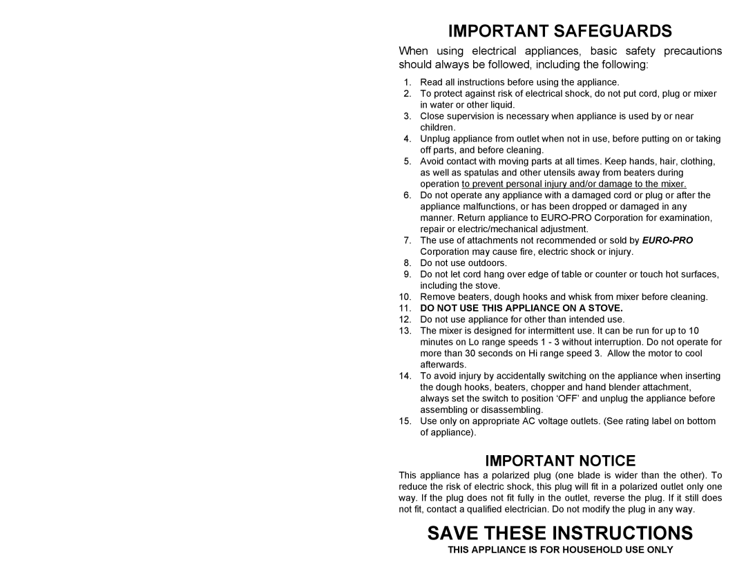 Bravetti EP565CH Save These Instructions, Important Notice, Do Not Use This Appliance On A Stove, Important Safeguards 