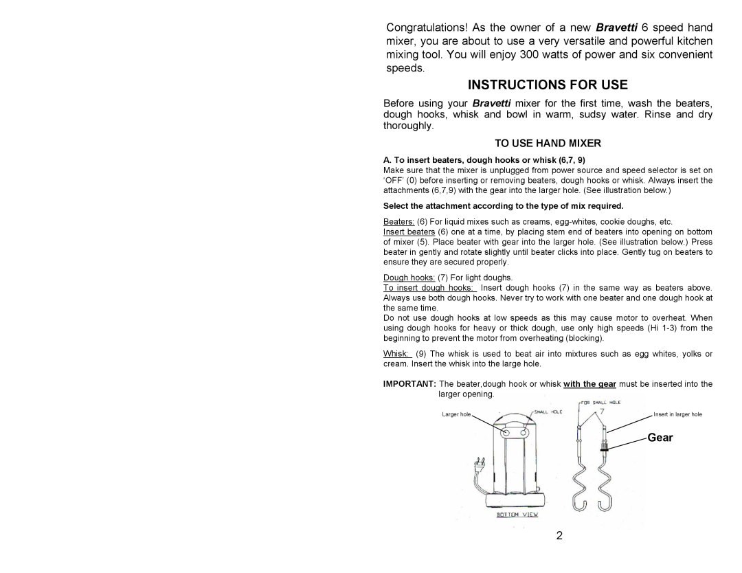 Bravetti EP565CH manual Instructions For Use, Gear, To Use Hand Mixer 