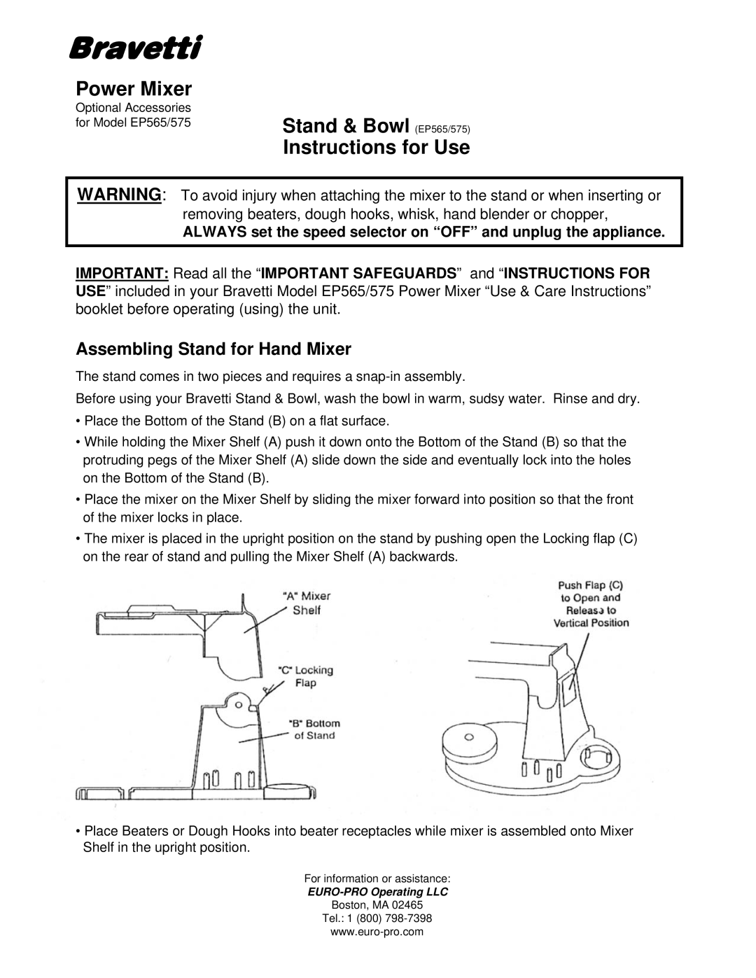 Bravetti EP565, EP575 manual Bravetti, Power Mixer, Instructions for Use, Assembling Stand for Hand Mixer 