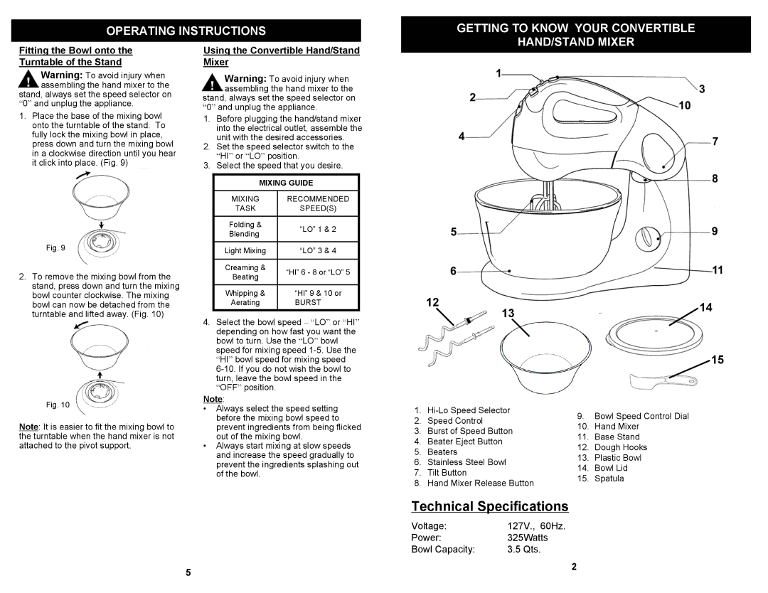 Bravetti EP585H owner manual Operating Instructions Getting to Know Your Convertible, HAND/STAND Mixer 