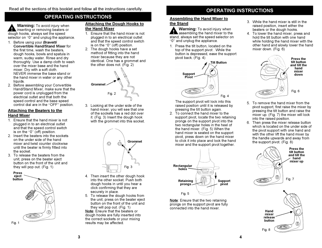 Bravetti EP585H Operating Instructions, Assembling the Hand Mixer to, Attaching the Beaters to the Hand Mixer, Stand 