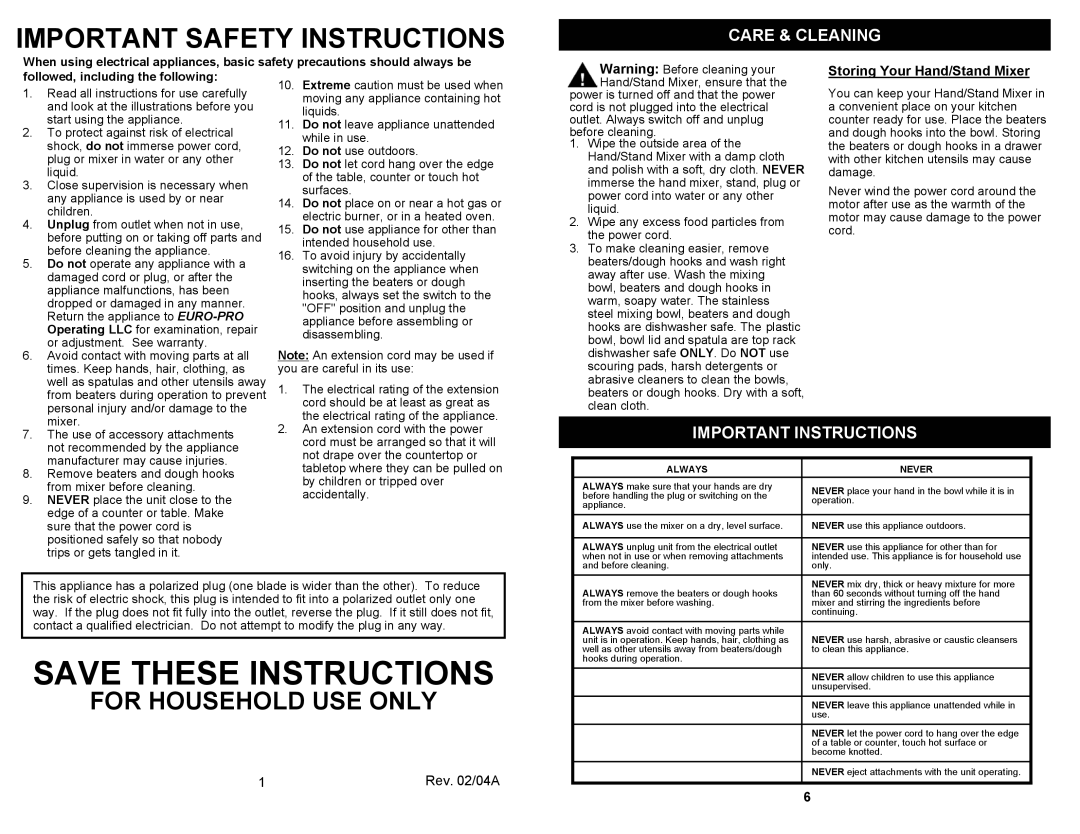 Bravetti EP585H Important Safety Instructions, Care & Cleaning, Important Instructions, Storing Your Hand/Stand Mixer 