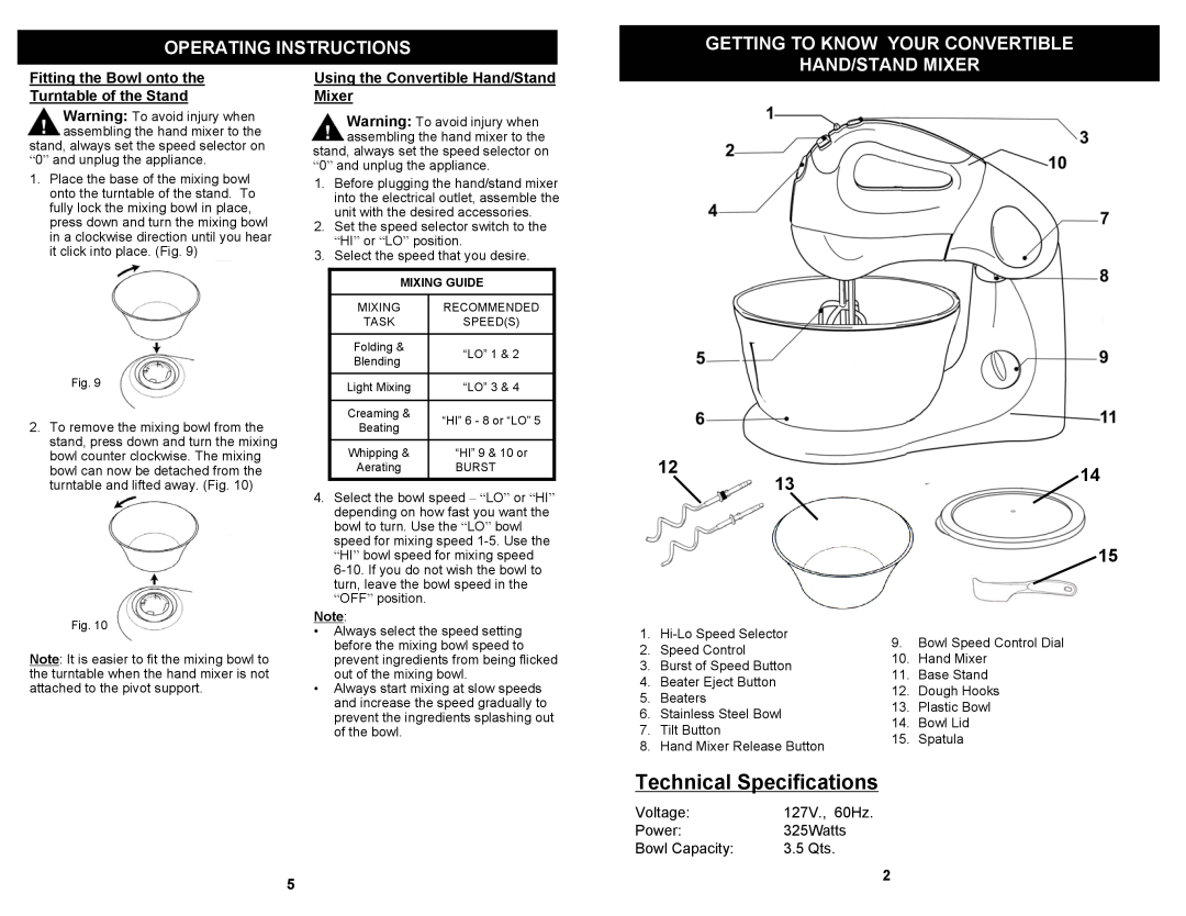 Bravetti EP585H Technical Specifications, Operating Instructions, Getting To Know Your Convertible, Hand/Stand Mixer 