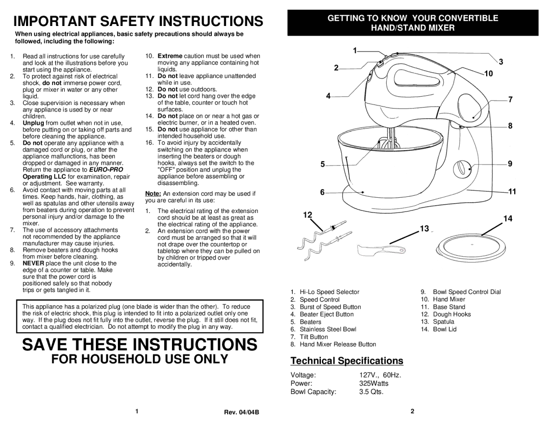 Bravetti EP586HL, EP586HB, EP586HW, EP586HR Important Safety Instructions, Getting to Know Your Convertible HAND/STAND Mixer 