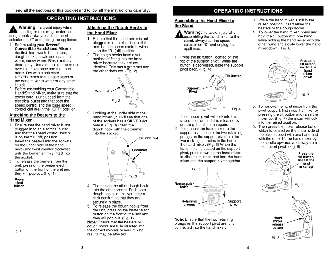 Bravetti EP586HR Operating Instructions, Assembling the Hand Mixer to, Attaching the Beaters to the Hand Mixer, Stand 