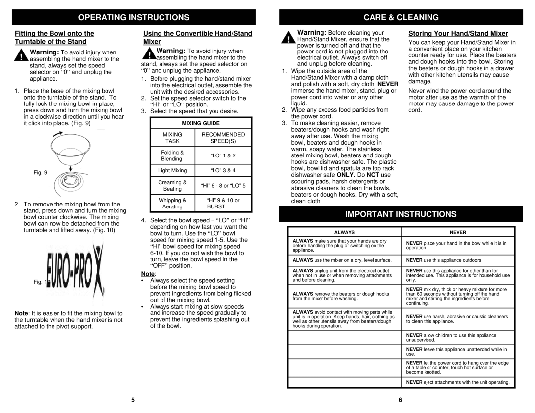 Bravetti EP586HB Operating Instructions Care & Cleaning, Important Instructions, Using the Convertible Hand/Stand Mixer 