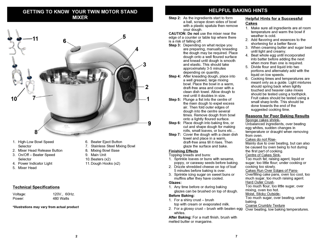 Bravetti EP595H Technical Specifications, Helpful Hints for a Successful Cakes, Reasons for Poor Baking Results 